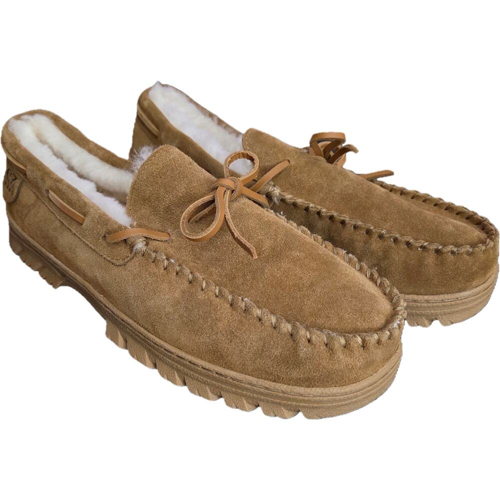 NWOB EZ Feet Outdoor Shearling  Tan Suede Moccasins Slippers Dad Grandpa 12